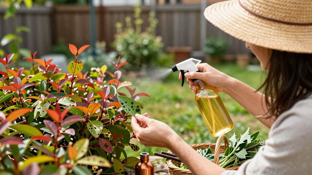 Pessoa borrifando inseticida em folhas danificadas de plantas em um jardim ao ar livre.
