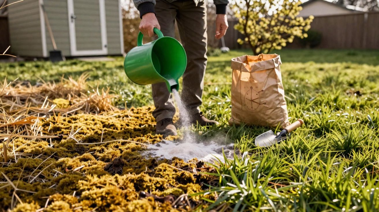 Pessoa aplicando fertilizante em jardim coberto por musgo, com regador verde e pá ao lado.