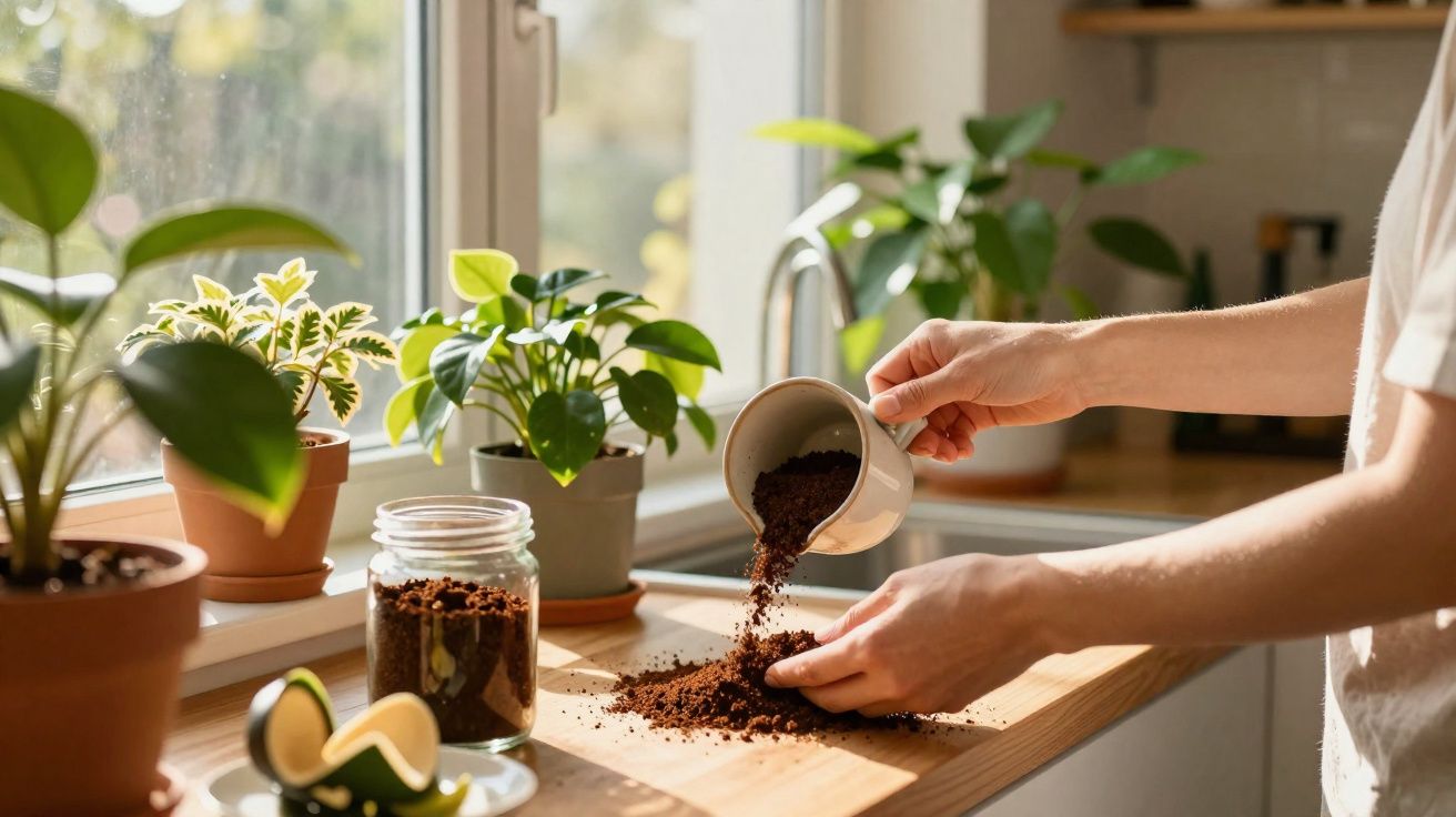Mãos espalhando pó de café em bancada de cozinha próxima a janela com plantas em vasos.