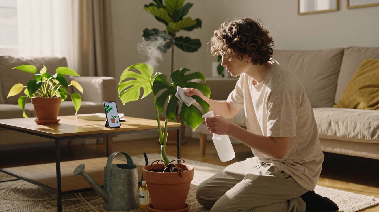 Pessoa cuidando de planta em vaso com borrifador, ao lado de regador e celular apoiado com imagem de planta.
