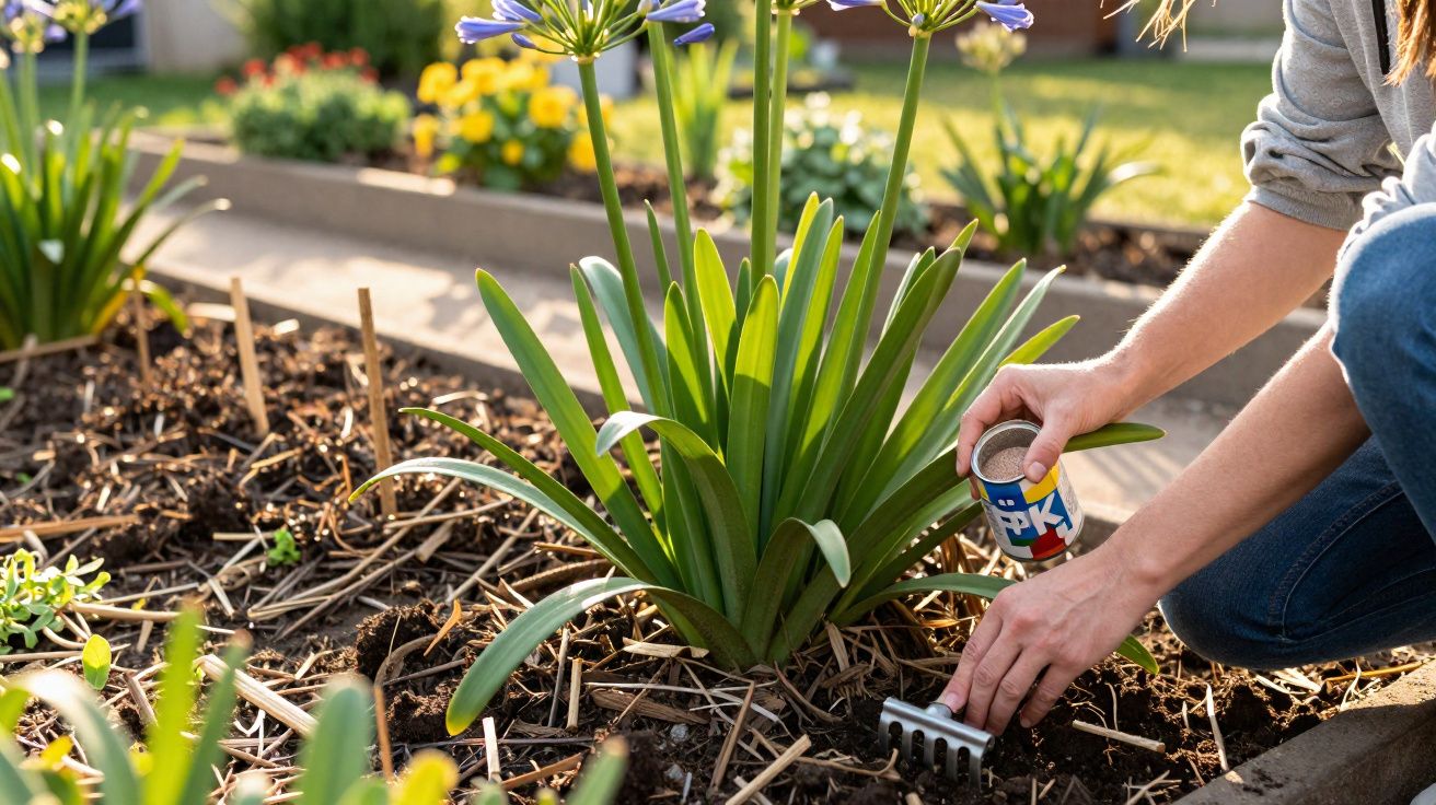 Pessoa cuidando de planta com flor roxa em canteiro de jardim ensolarado.