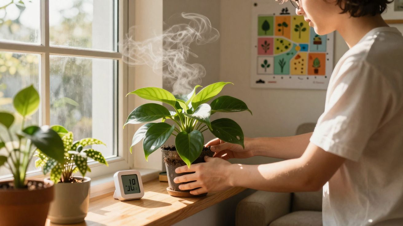 Pessoa cuidando de planta em vaso sobre bancada próxima a janela com termômetro digital e outras plantas.