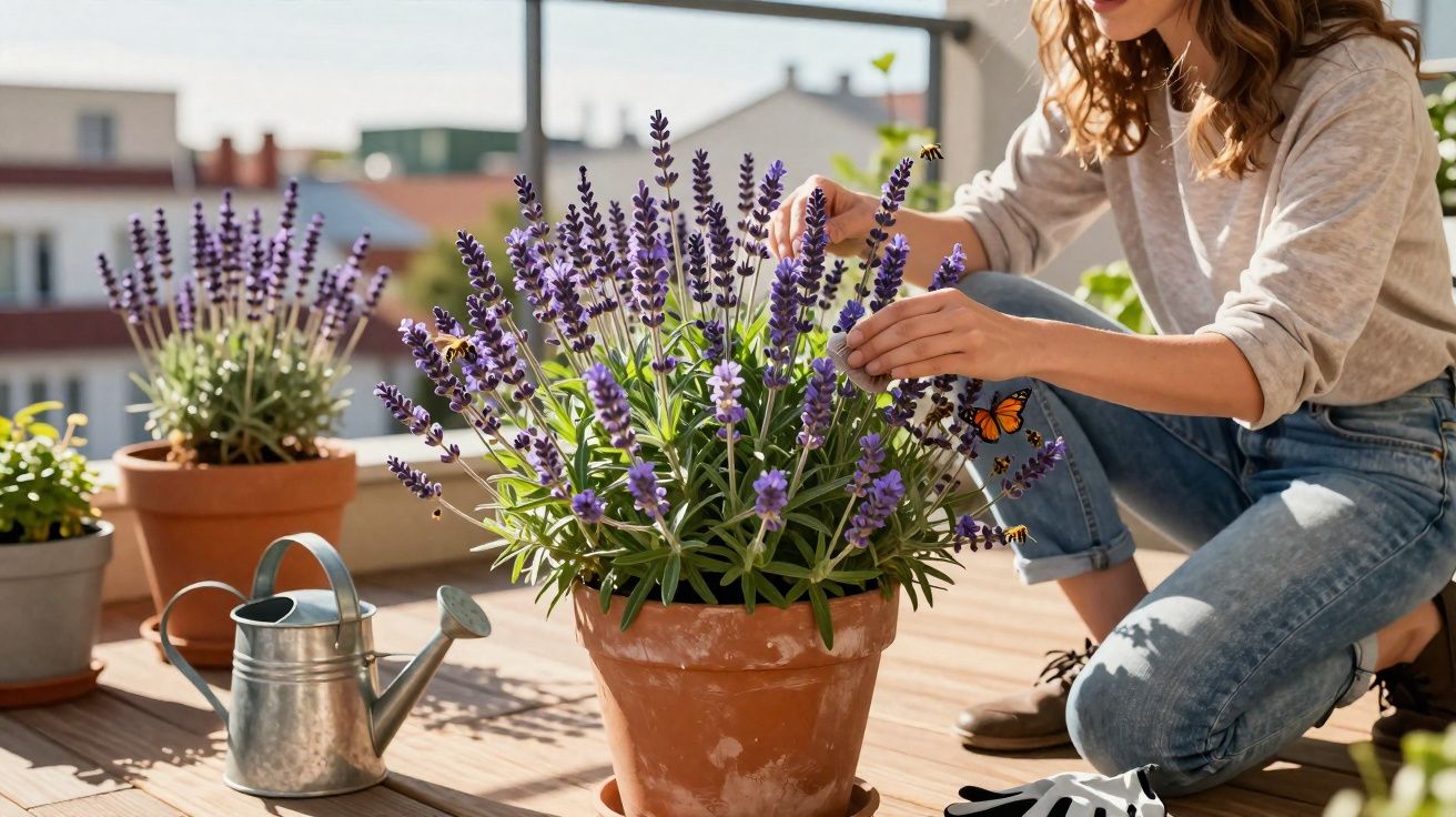 Jovem cuidando de vaso com lavanda roxa em varanda ensolarada, com regador e borboleta laranja ao lado.