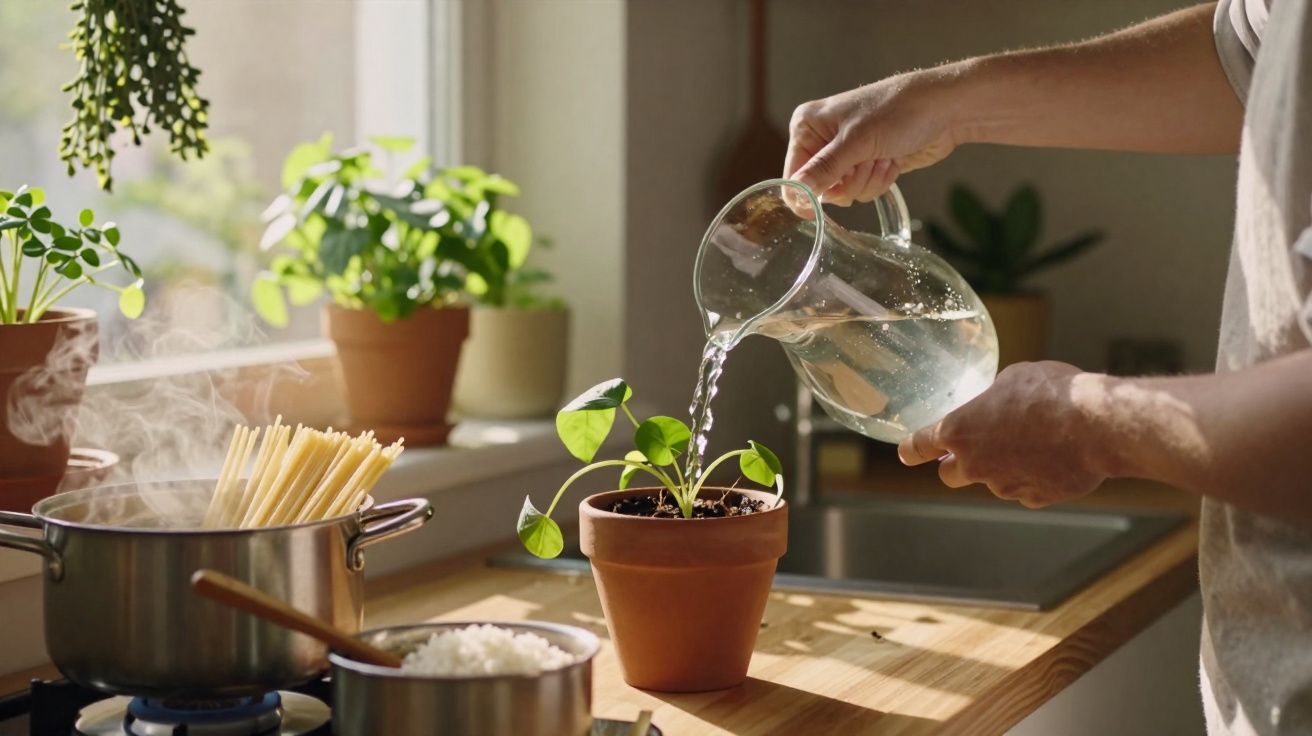 Pessoa regando planta em vaso de barro na cozinha com panelas e espaguete cozinhando ao fundo.