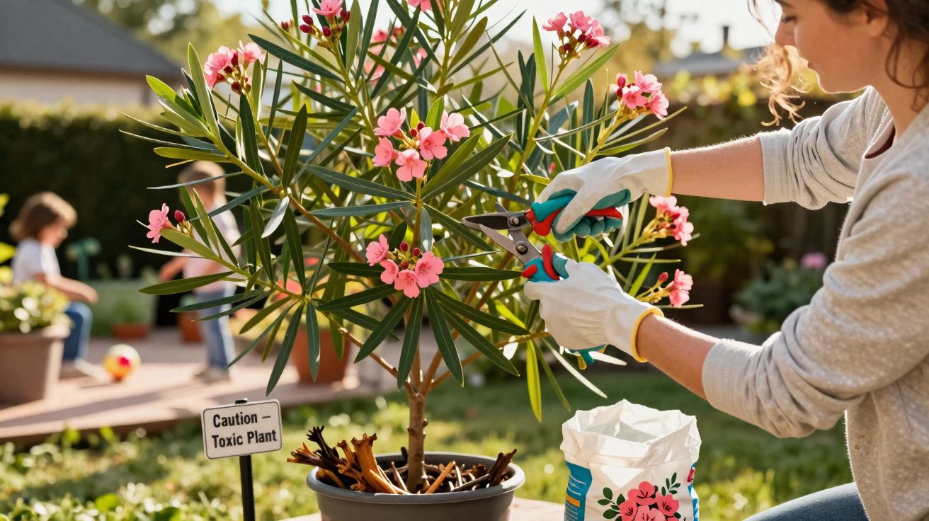 Pessoa podando planta com flores rosa em vaso, crianças brincam ao fundo no jardim ensolarado.