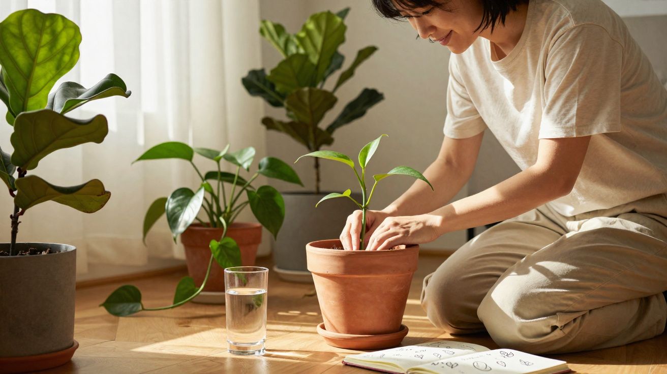 Pessoa cuidando de muda em vaso de cerâmica dentro de casa com outras plantas e livro de anotações.
