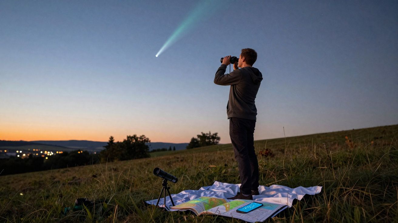 Jovem observa o céu ao entardecer com binóculos, ao lado de telescópio e mapas sobre toalha no gramado.