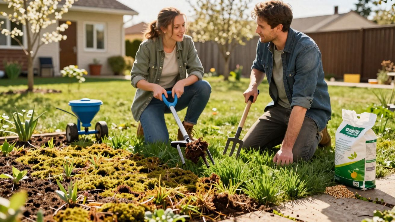 Casal jardinando e sorrindo no quintal de casa em um dia ensolarado.