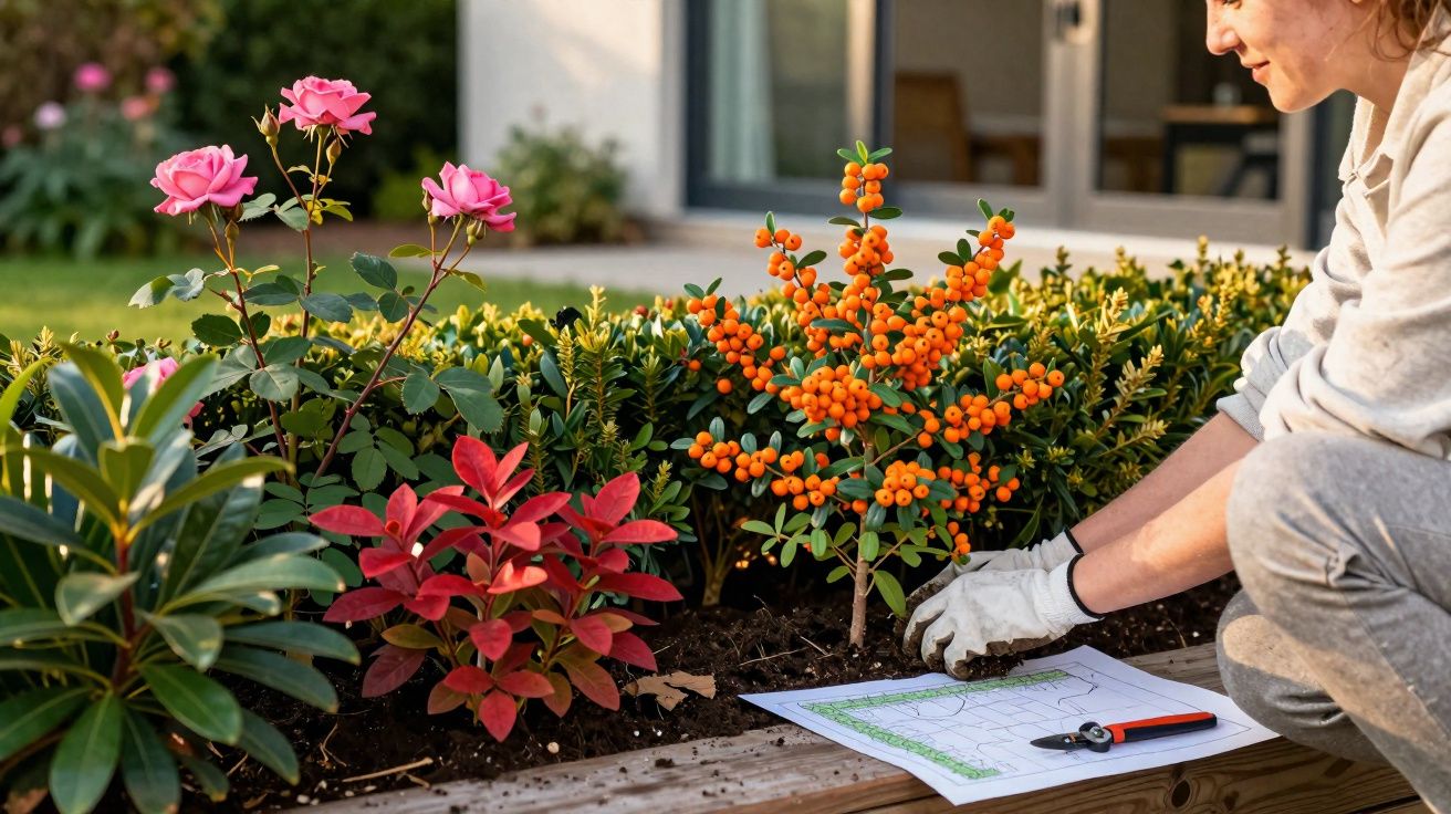 Mulher cuidando de plantas com flores rosas e arbusto com frutos alaranjados em jardim residencial.