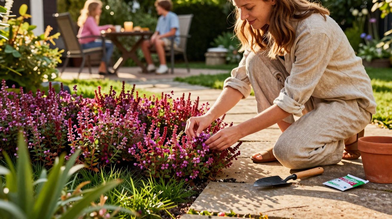 Mulher cuidando de flores lilases em jardim, com duas crianças sentadas ao fundo em dia ensolarado.