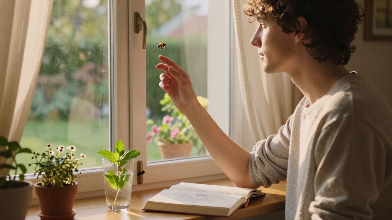 Jovem sentado junto à janela tocando uma abelha voando, com plantas e livro na mesa iluminada pelo sol.