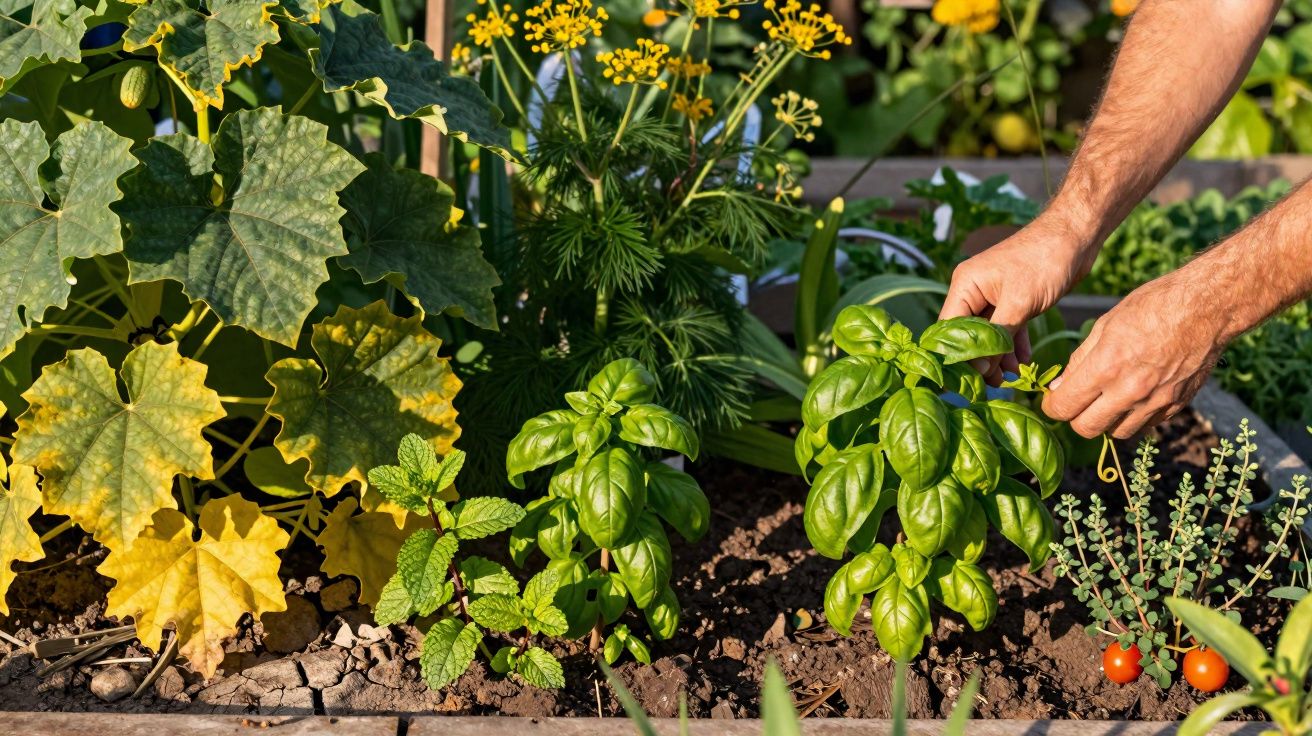 Mãos cuidam de manjericão em horta com ervas e plantas variadas sob luz do sol.