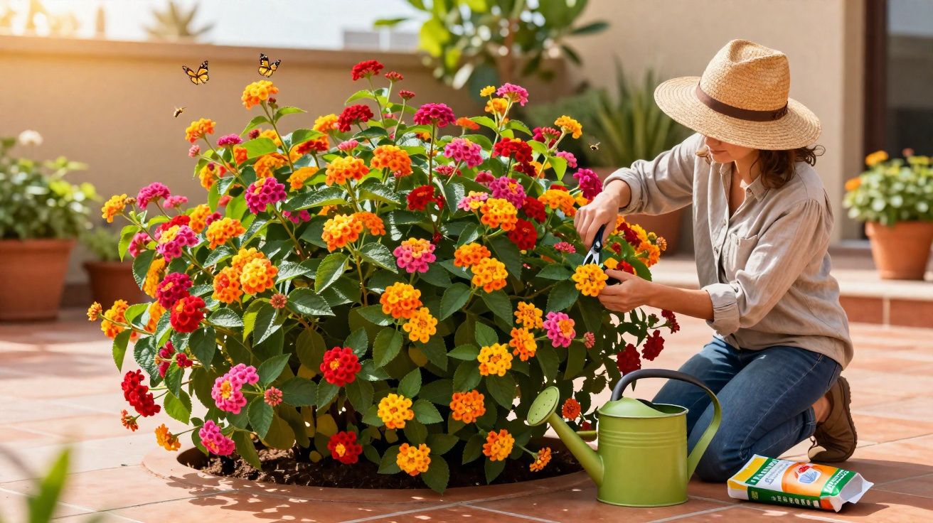 Mulher cuidando de flores coloridas em jardim com regador e chapéu de palha ao sol.