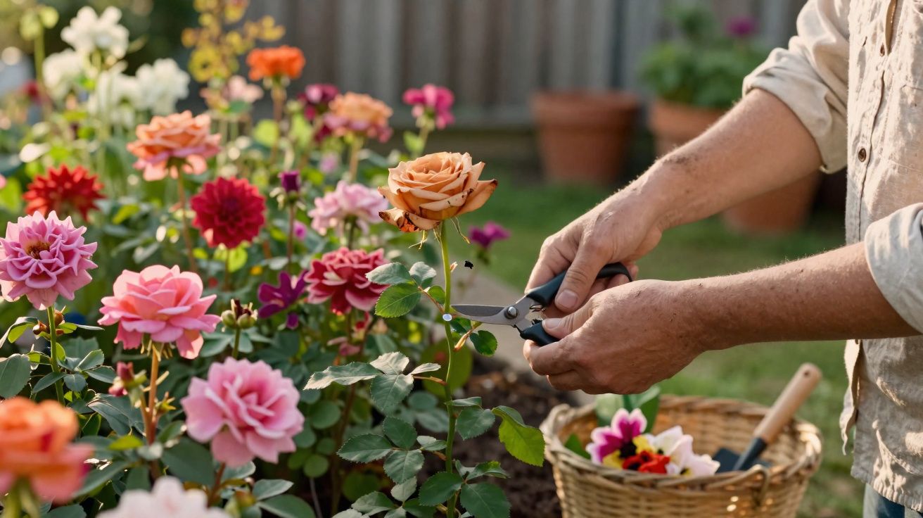 Pessoa cortando flores coloridas em um jardim com tesoura de poda e cesta ao lado.
