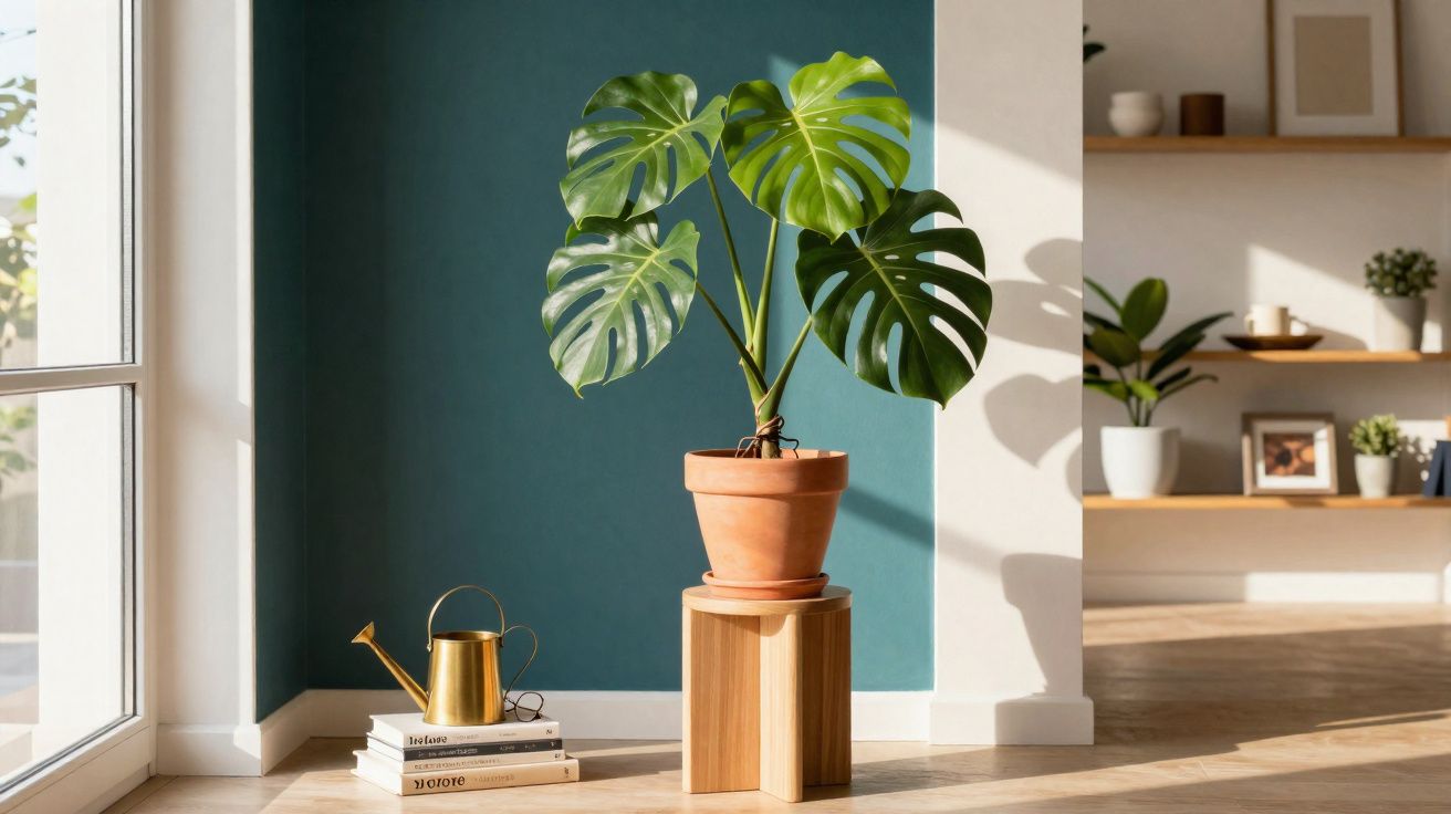 Planta Monstera em vaso de barro sobre banco de madeira, regador dourado e livros em ambiente iluminado natural.