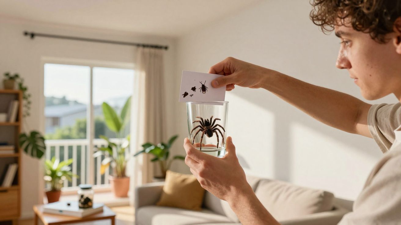 Pessoa segurando copo com aranha preta dentro, mostrando cartão com imagens de aranhas em sala iluminada.