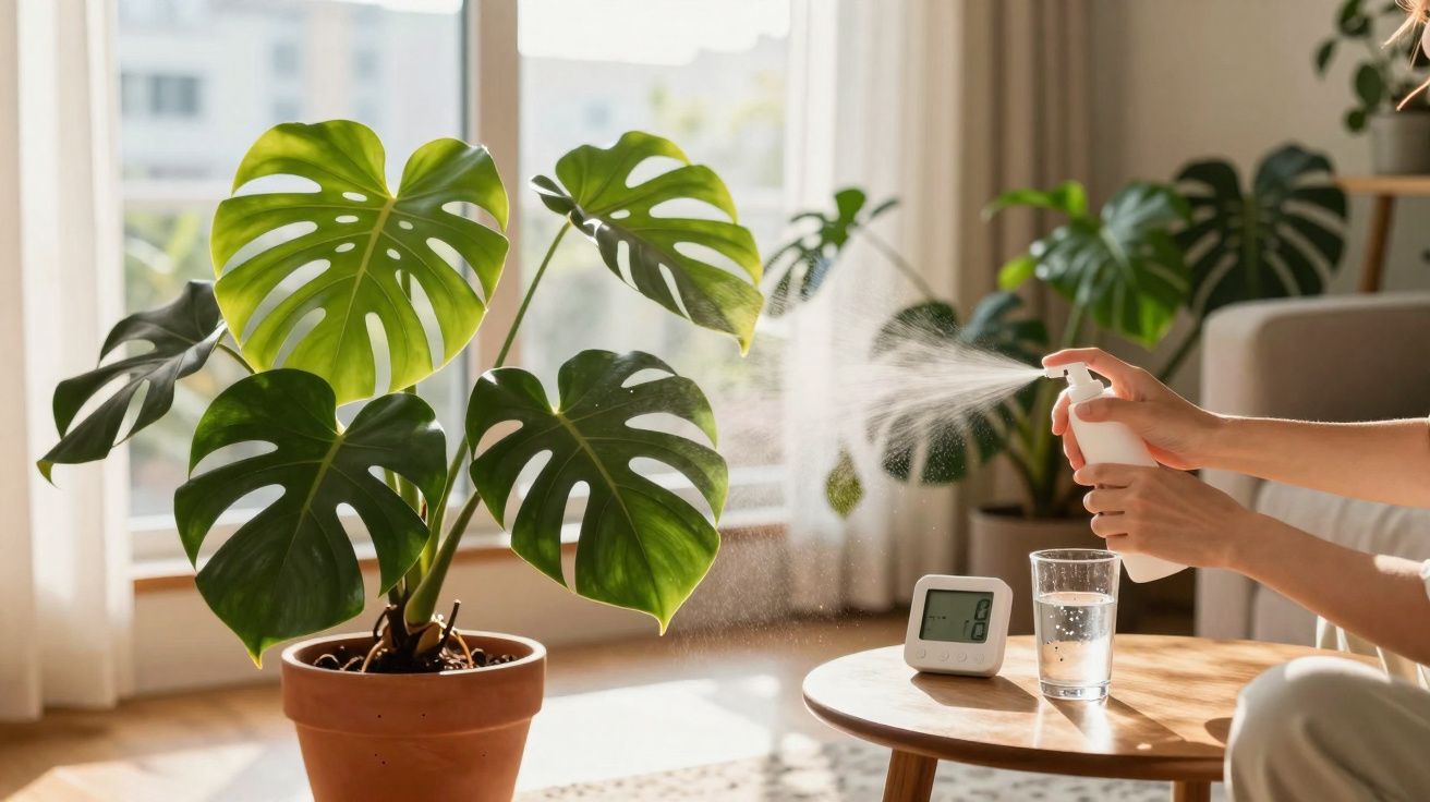 Pessoa borrifando água em planta Monstera em vaso, mesa com copo de água e termômetro digital ao lado.