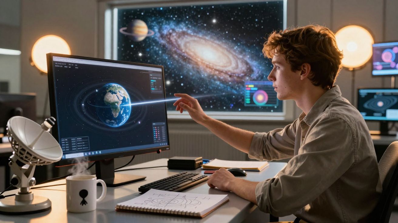 Jovem cientista analisando imagem digital da Terra em tela com galáxia ao fundo em laboratório moderno.