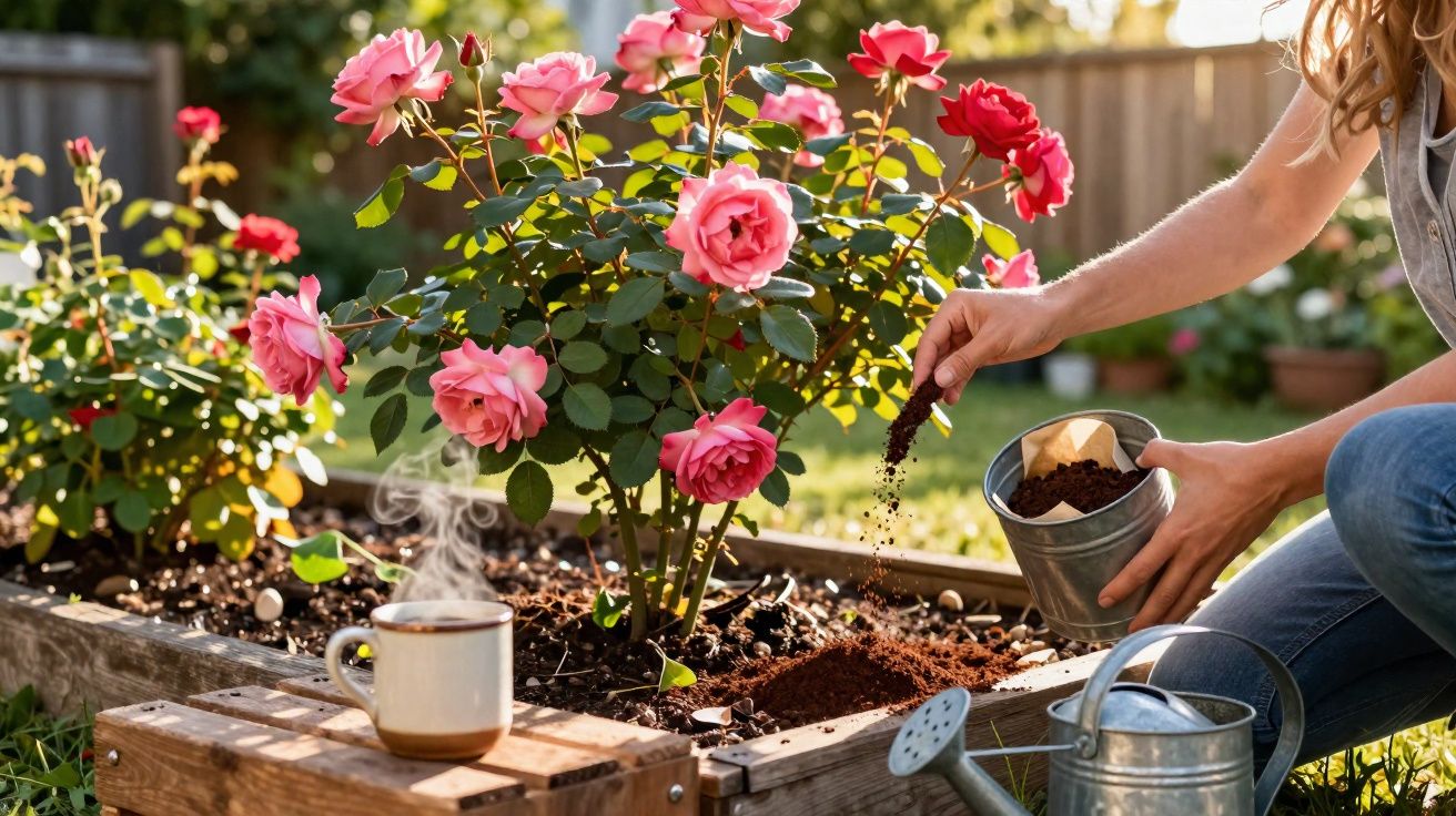 Pessoa fertilizando rosa vermelha em jardim com regador e xícara de café ao lado.