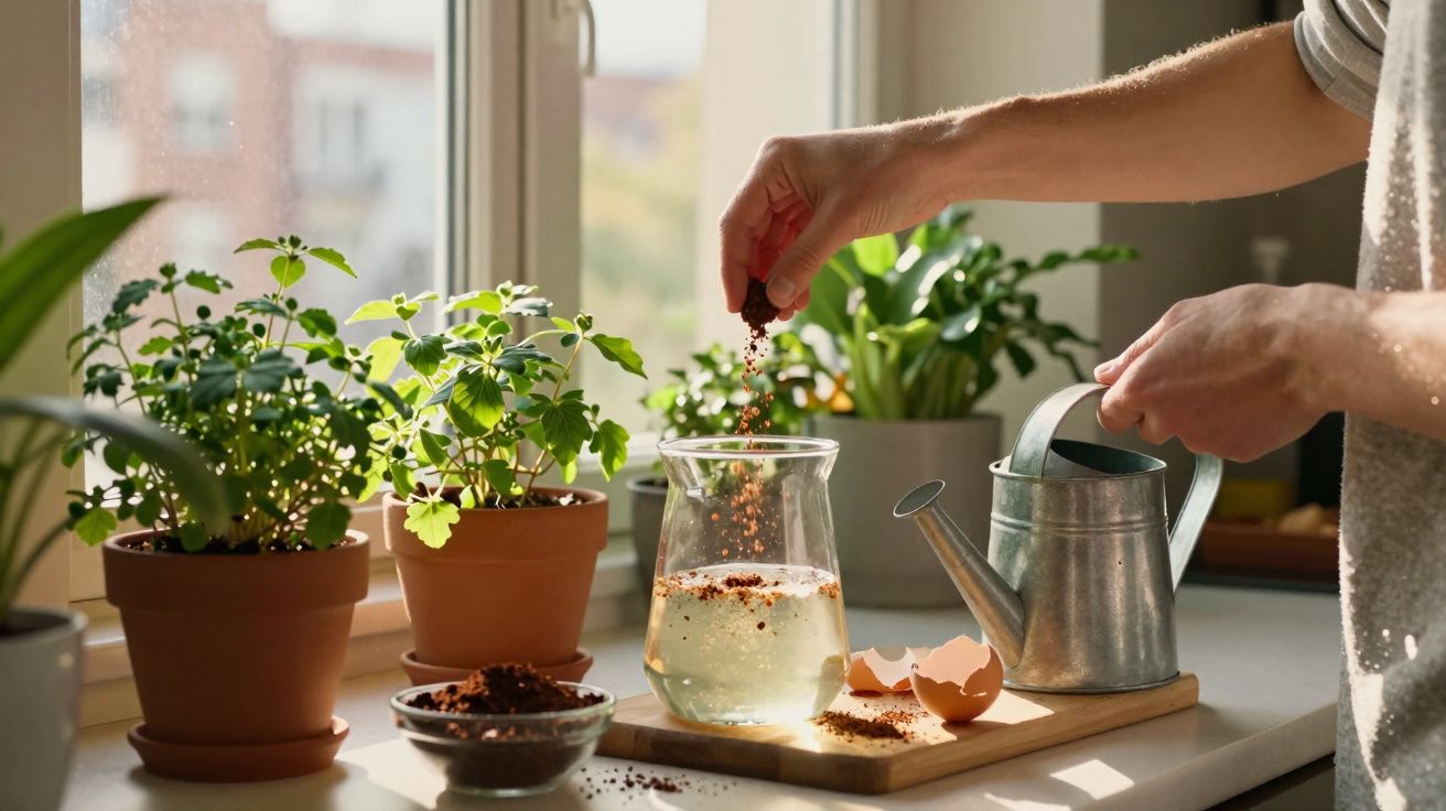 Pessoa adiciona casca de ovo em jarra d’água em cozinha iluminada com plantas em vasos ao fundo.