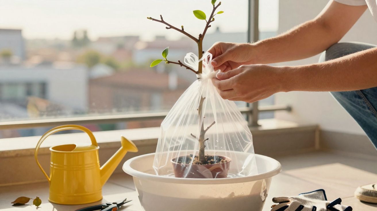Pessoa cobrindo muda de planta com plástico transparente em vaso sobre uma bacia, com regador amarelo ao lado.