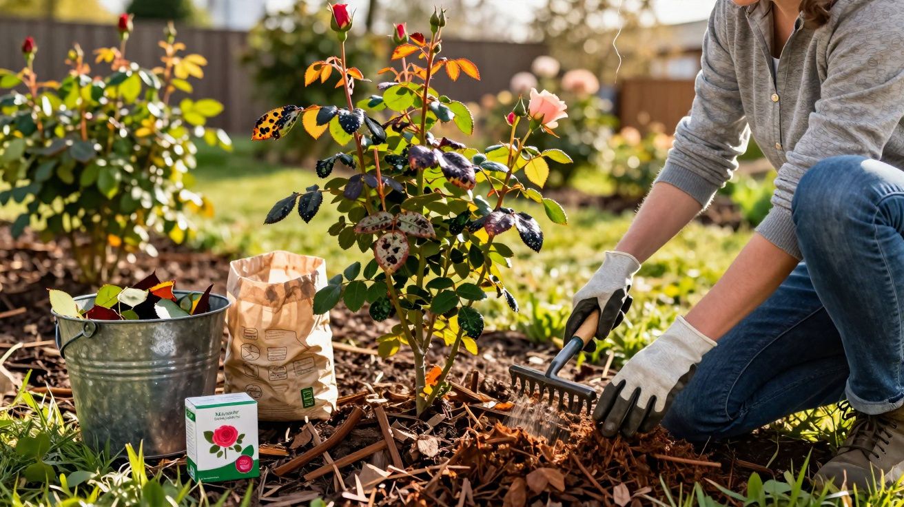 Pessoa com luvas cuidando de roseira em jardim, usando ancinho para espalhar cobertura vegetal.