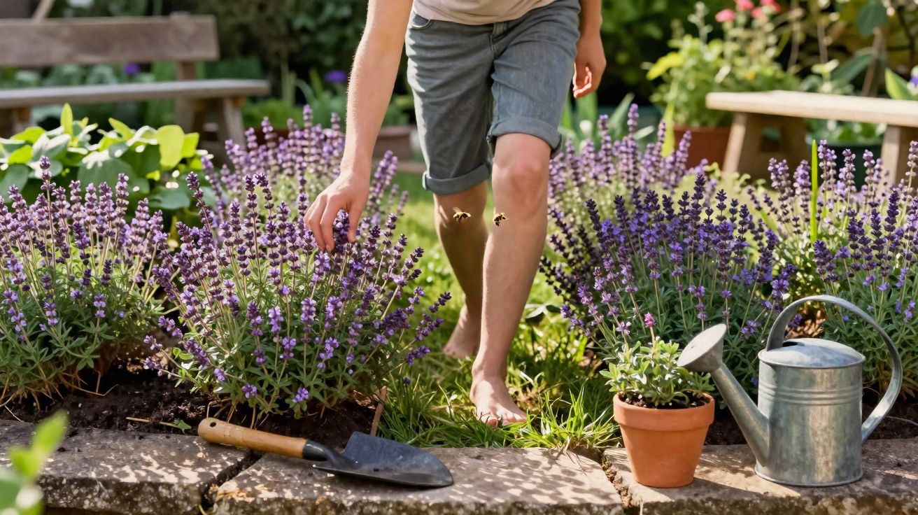Pessoa descalça cuidando de plantas de lavanda em jardim, com regador e pá de jardinagem ao lado.