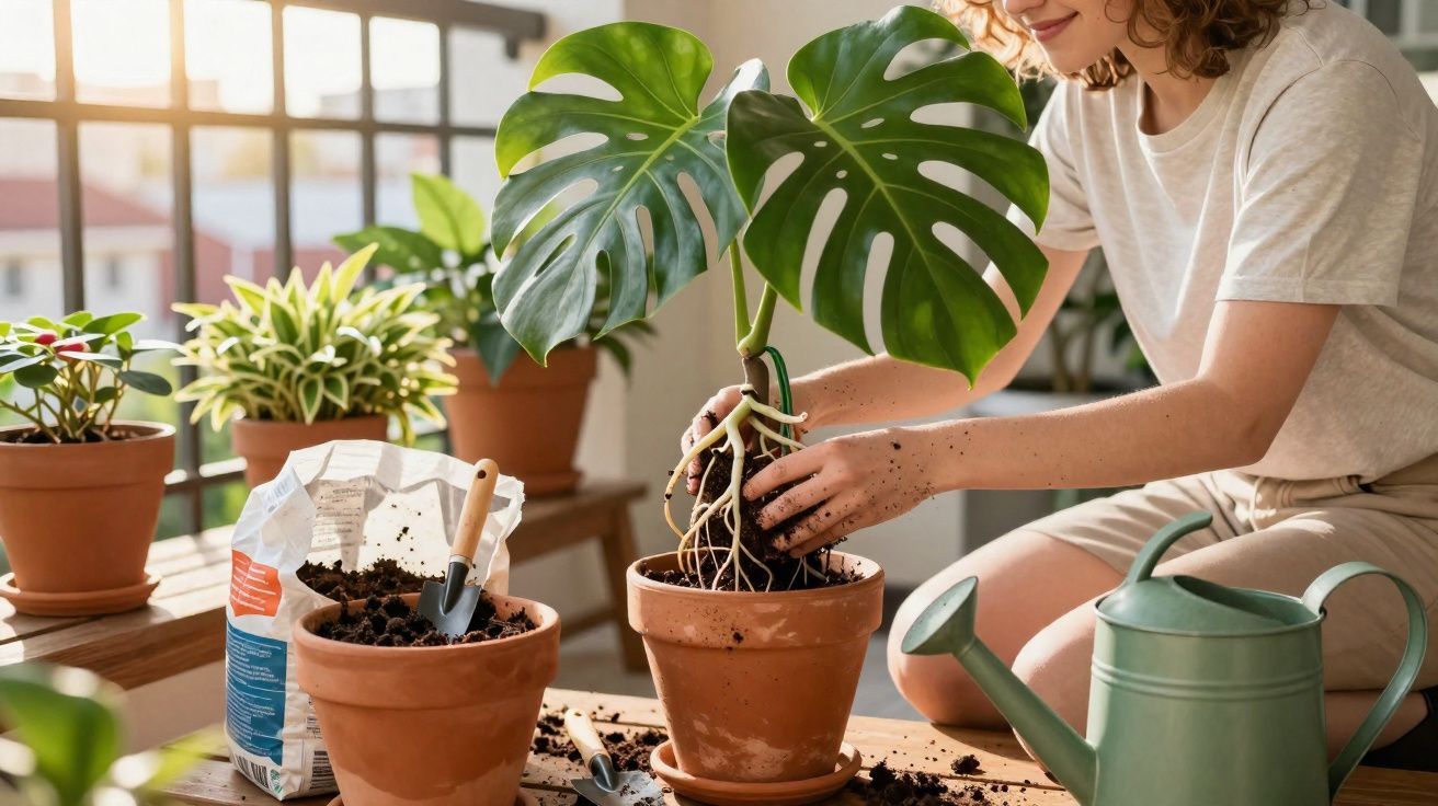 Pessoa transplantando planta Monstera em vaso de barro, cercada por outras plantas e utensílios de jardinagem.