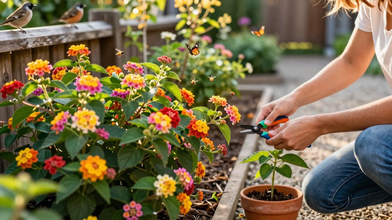 Pessoa podando planta em vaso, com flores coloridas e borboletas no jardim ensolarado.
