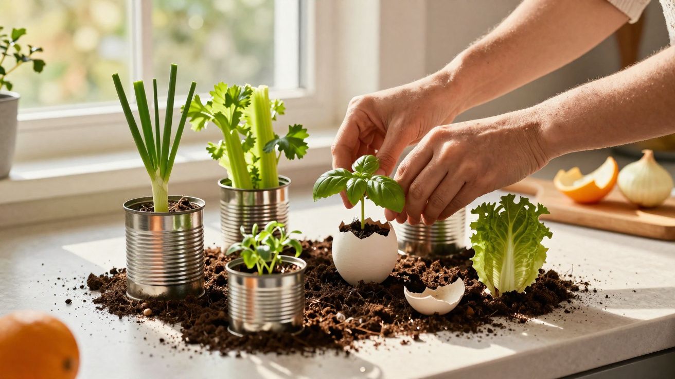 Mãos cuidando de mudas em casca de ovo e latas com terra sobre bancada iluminada pela janela.