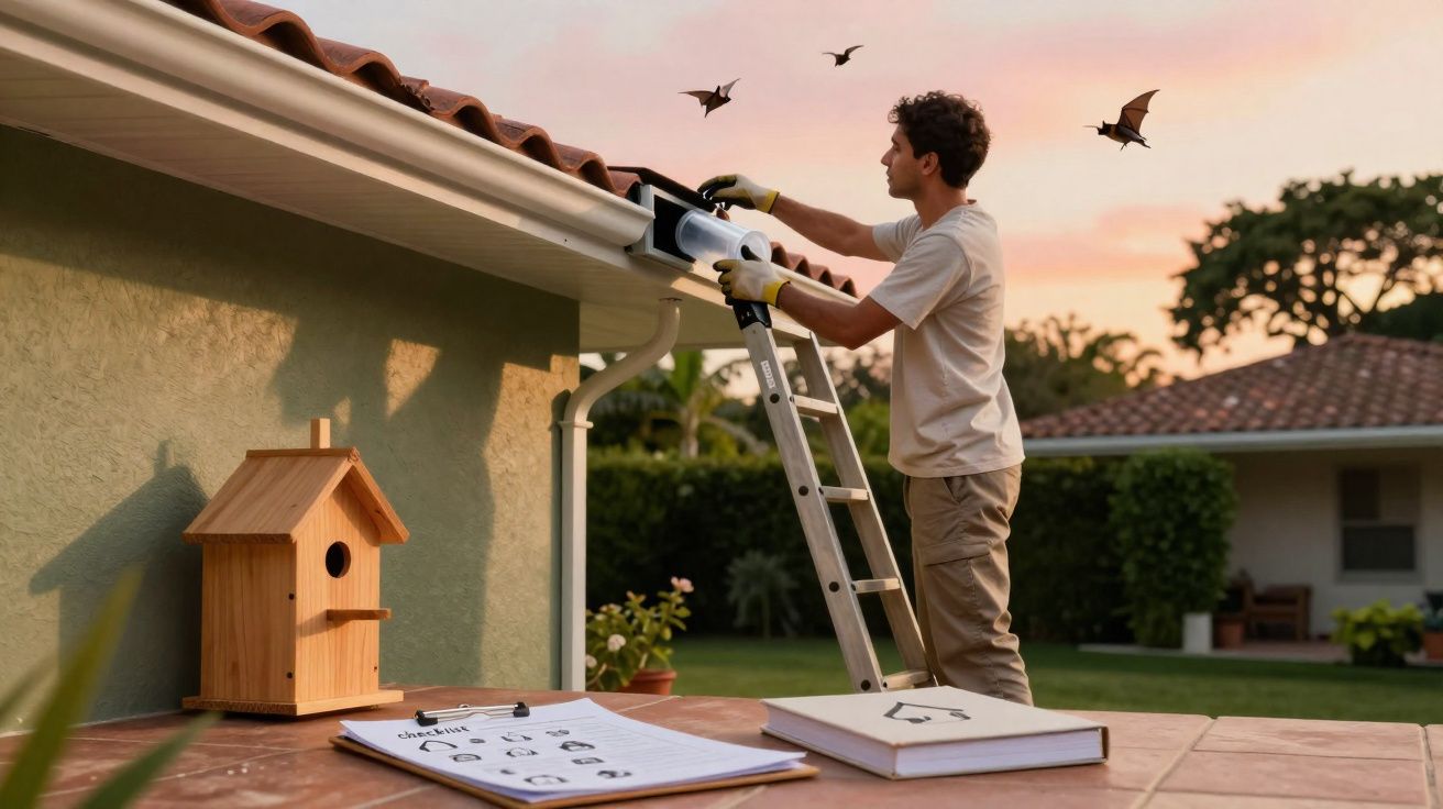 Homem em escada instalando armadilha para morcegos na calha de casa ao pôr do sol.
