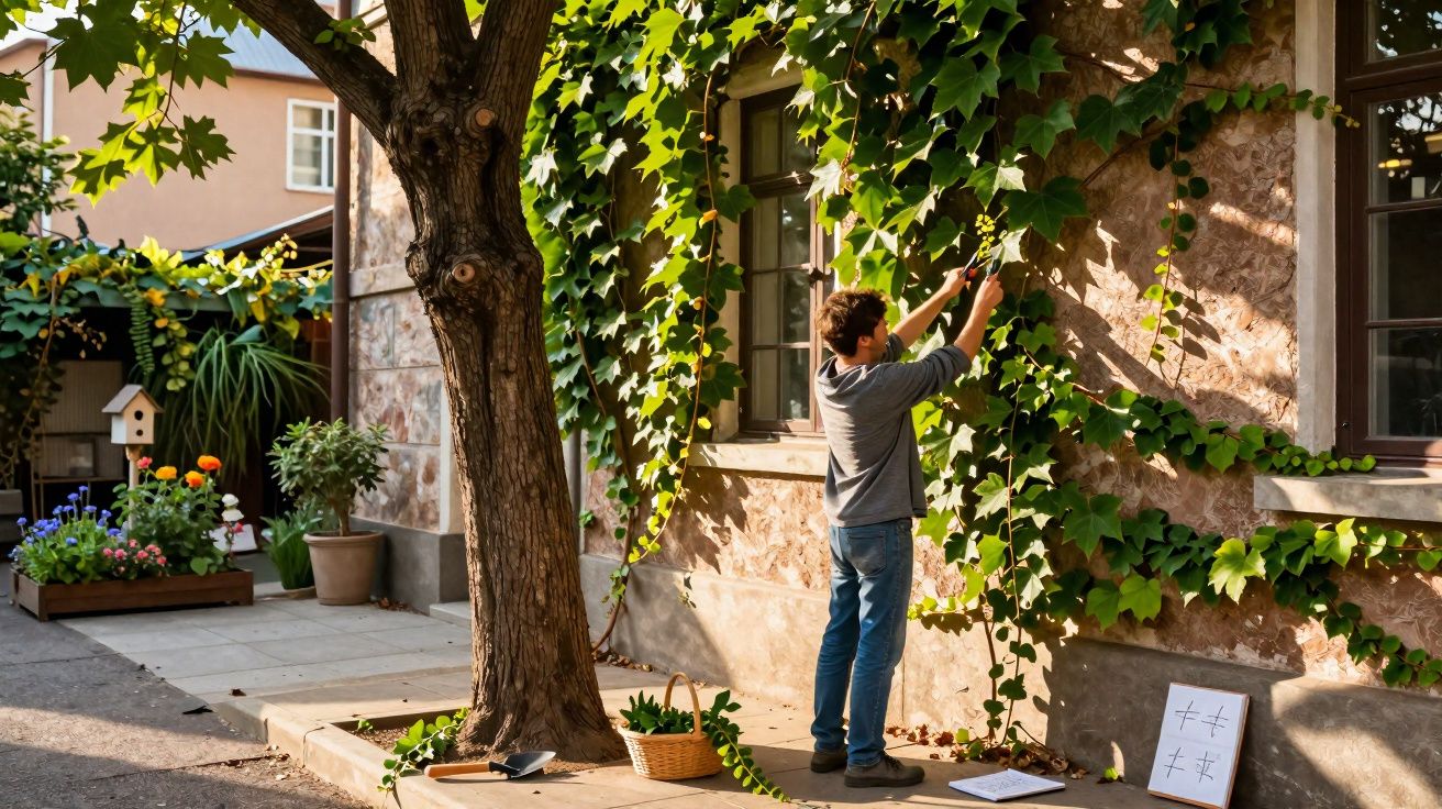 Pessoa podando trepadeira em parede de casa com varanda, árvore e jardim ao redor.