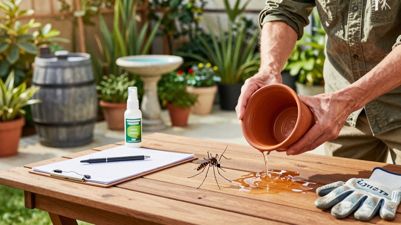 Pessoa derramando água de um vaso para eliminar foco do mosquito Aedes aegypti sobre mesa de madeira.