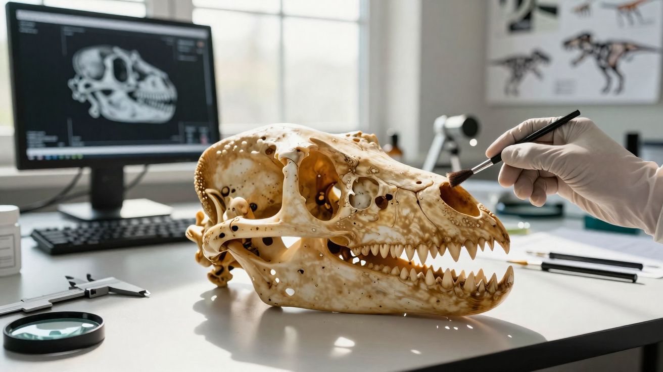 Cientista limpando com pincel crânio de dinossauro em laboratório com computador ao fundo.