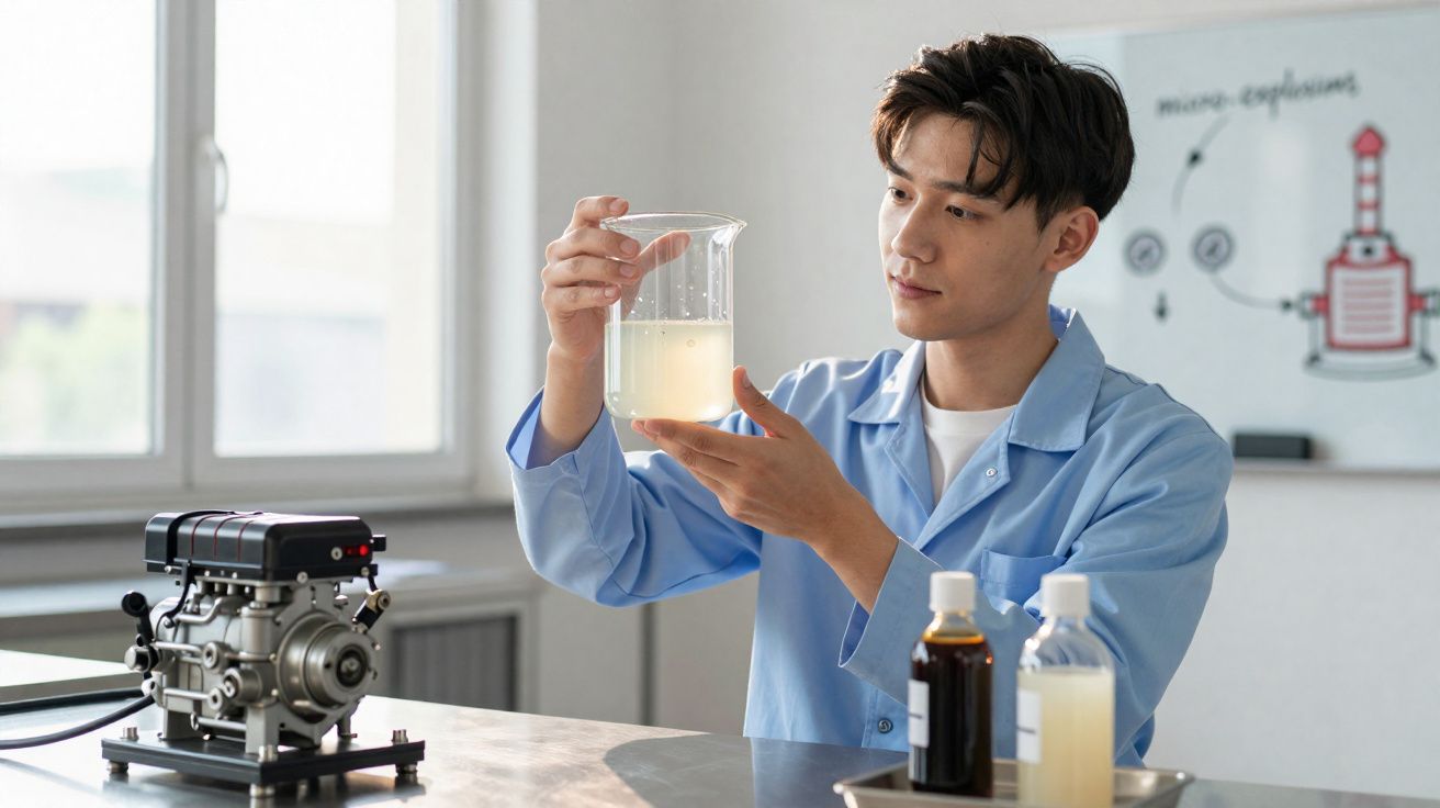 Jovem cientista em jaleco azul segurando béquer com líquido transparente em laboratório moderno.