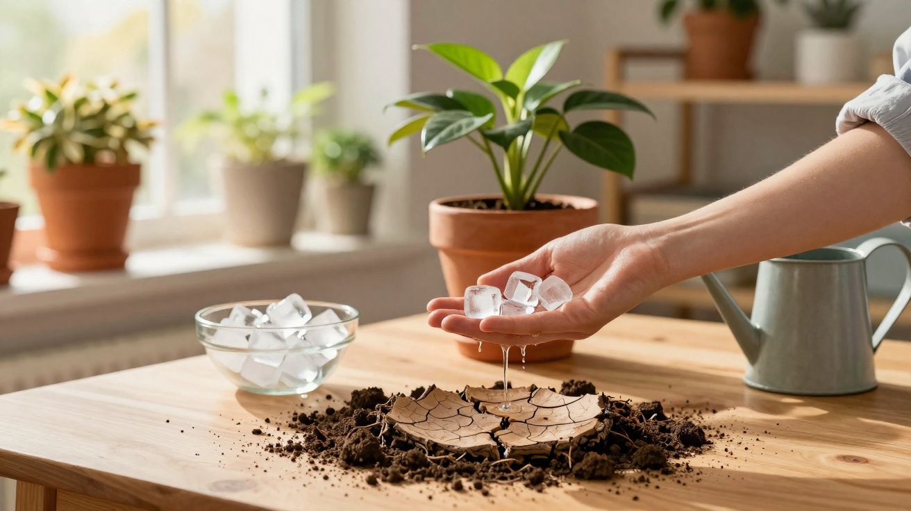 Mão segurando cubos de gelo derretendo sobre solo seco e quebrado em mesa com plantas ao fundo.