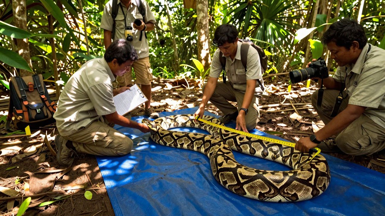 Equipe de pesquisadores medindo e fotografando uma jiboia sobre lona azul na floresta.