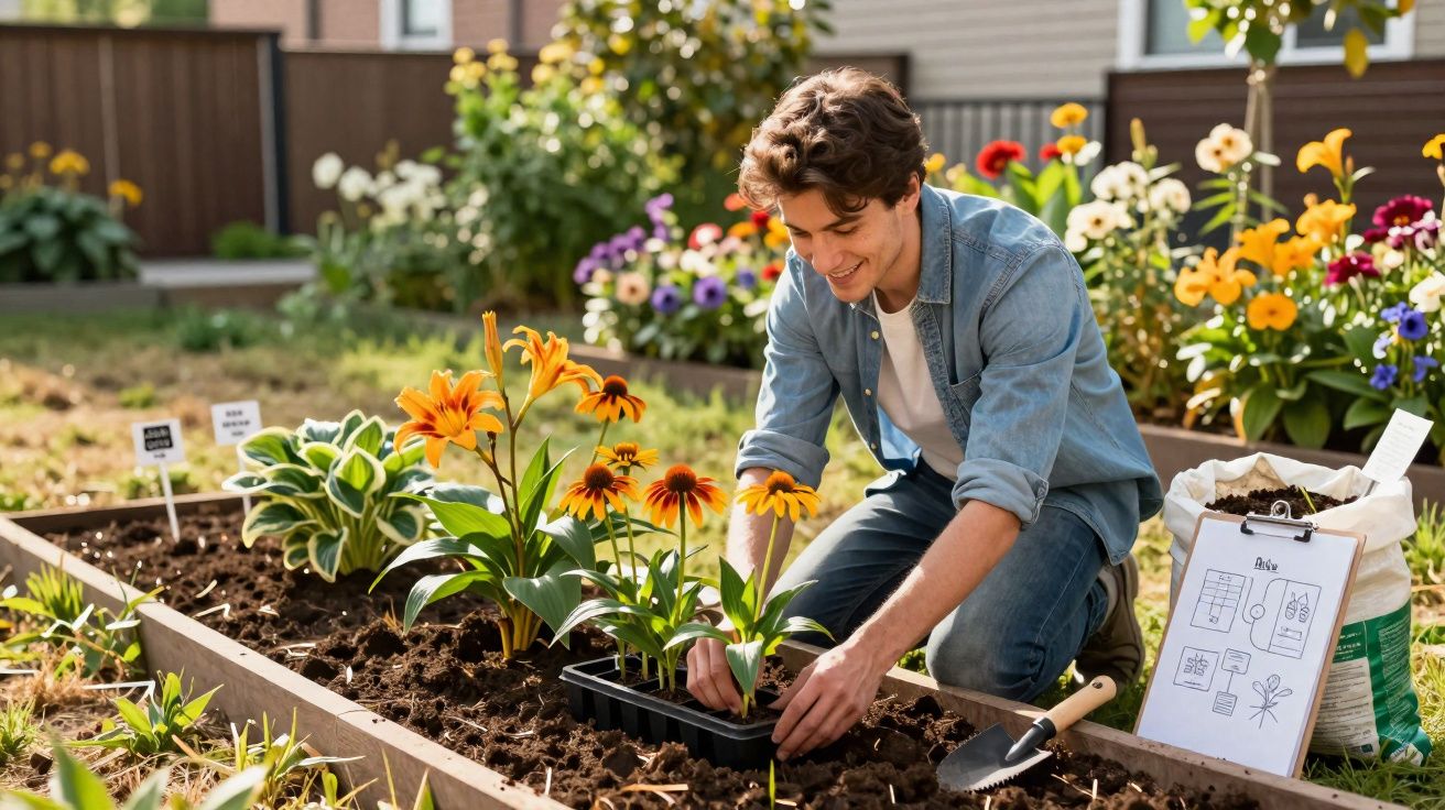 Jovem plantando flores coloridas em jardim elevado, rodeado por outras flores e ferramentas de jardinagem.