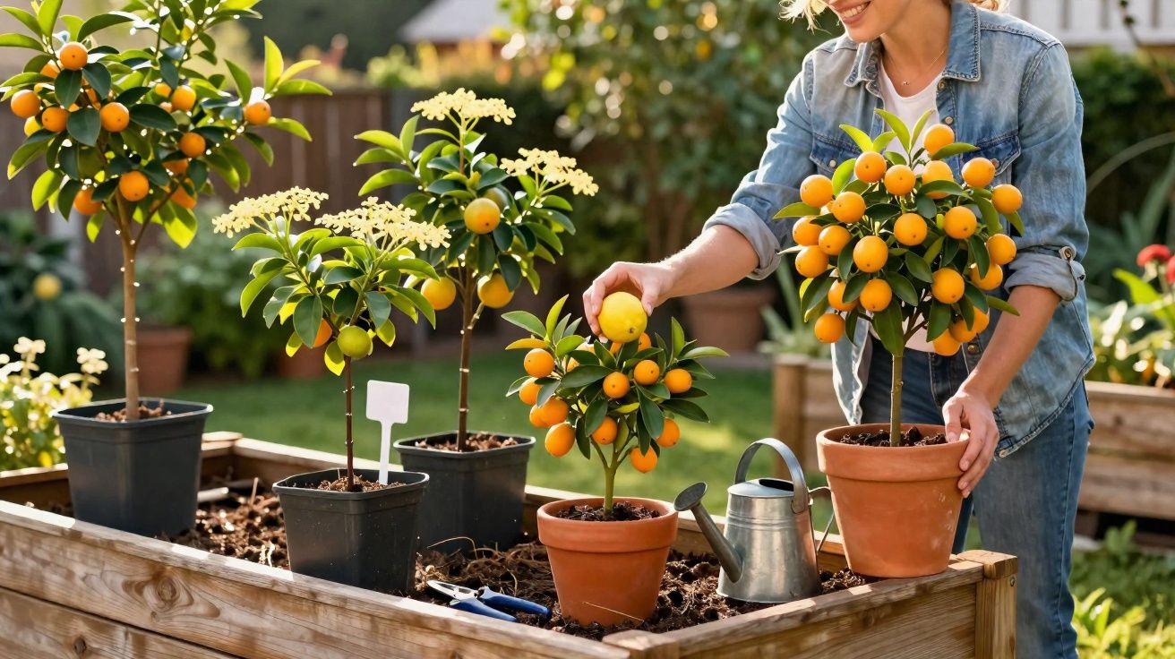Mulher colhendo frutas de pé em jardim com várias plantas cultivadas em vasos.