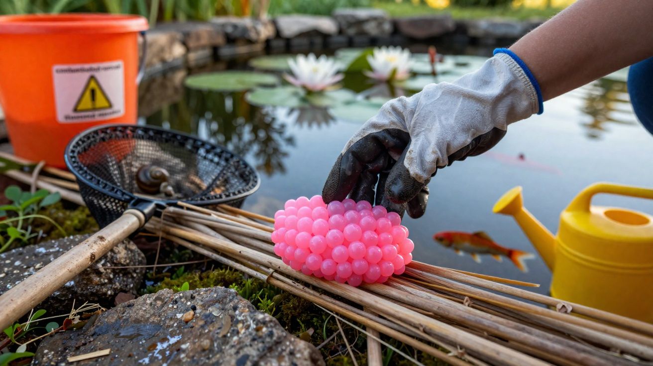 Mão com luva segurando ninhos artificiais rosa perto de lago com peixe dourado e regador amarelo.