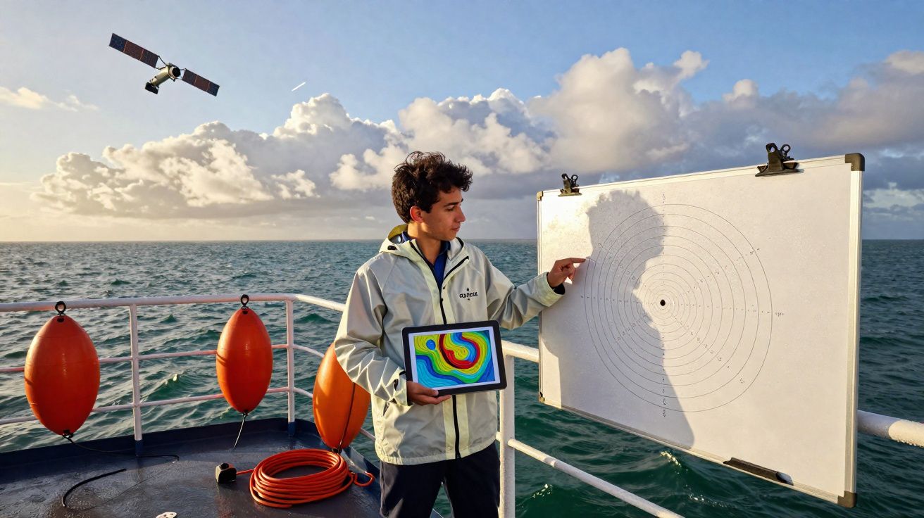Homem em barco segurando tablet com mapa e apontando para quadro branco ao ar livre no mar.