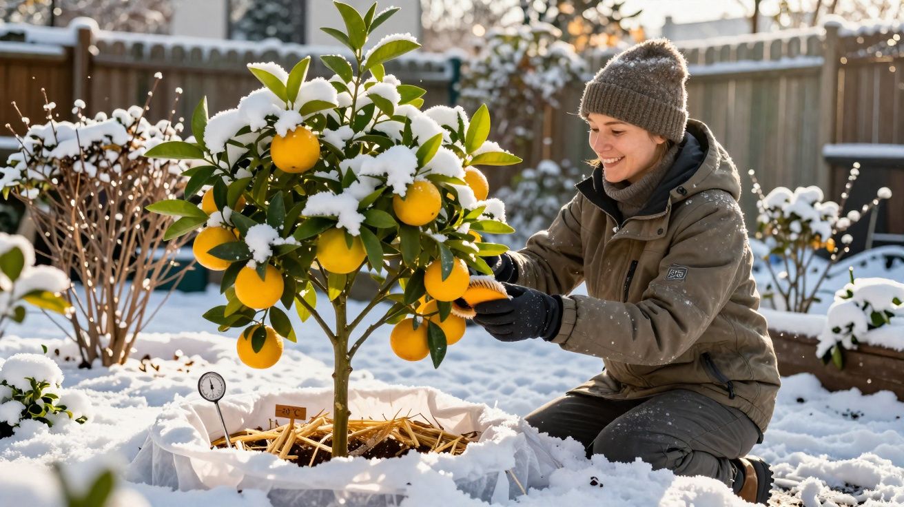 Mulher vestida de inverno cuidando de laranjeira com frutas e neve no jardim.