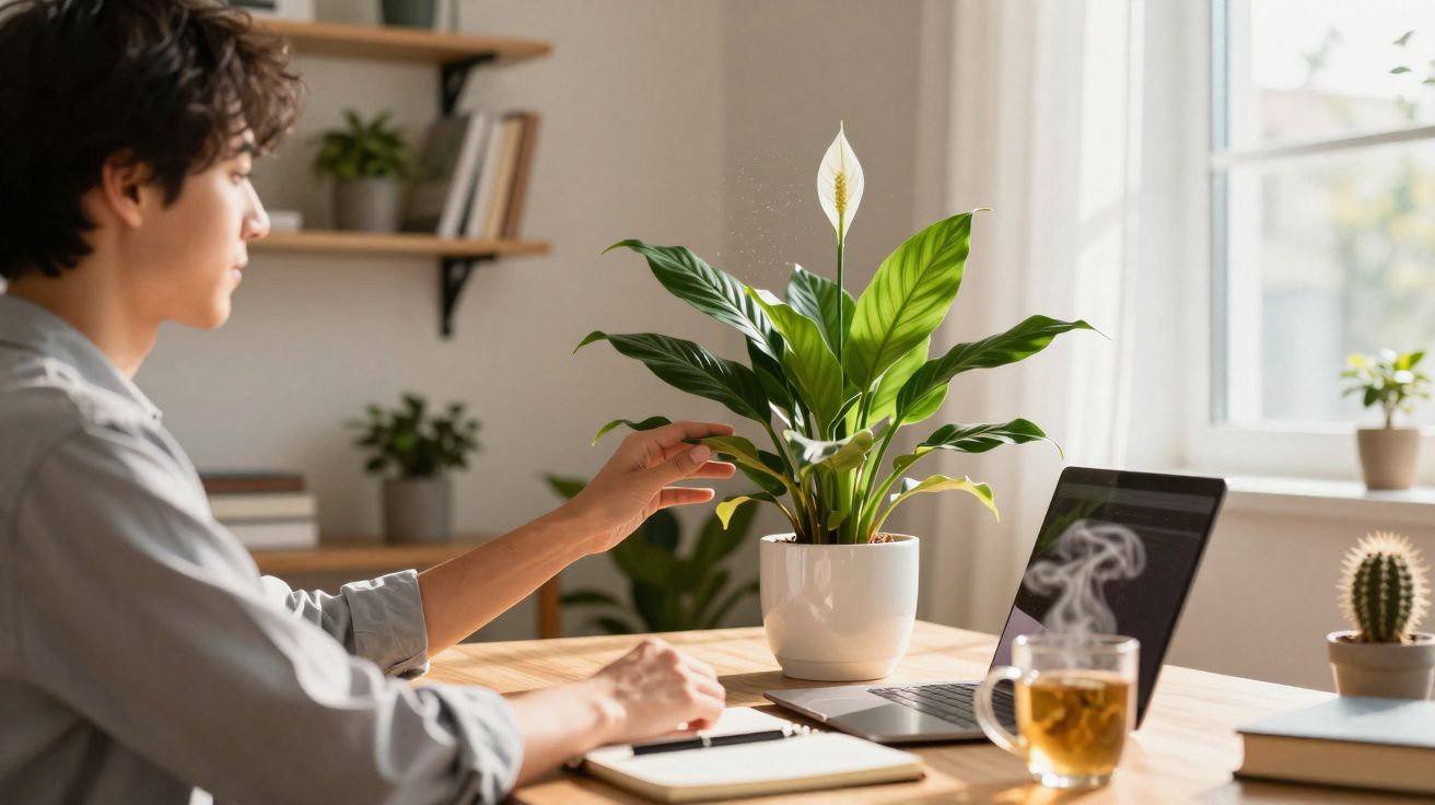 Pessoa cuidando de planta em vaso ao lado de notebook e xícara de chá em mesa perto da janela.