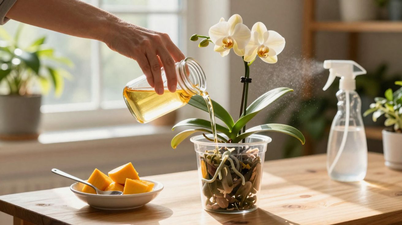 Pessoa regando orquídea branca em vaso transparente sobre mesa com prato de manga e borrifador ao fundo.