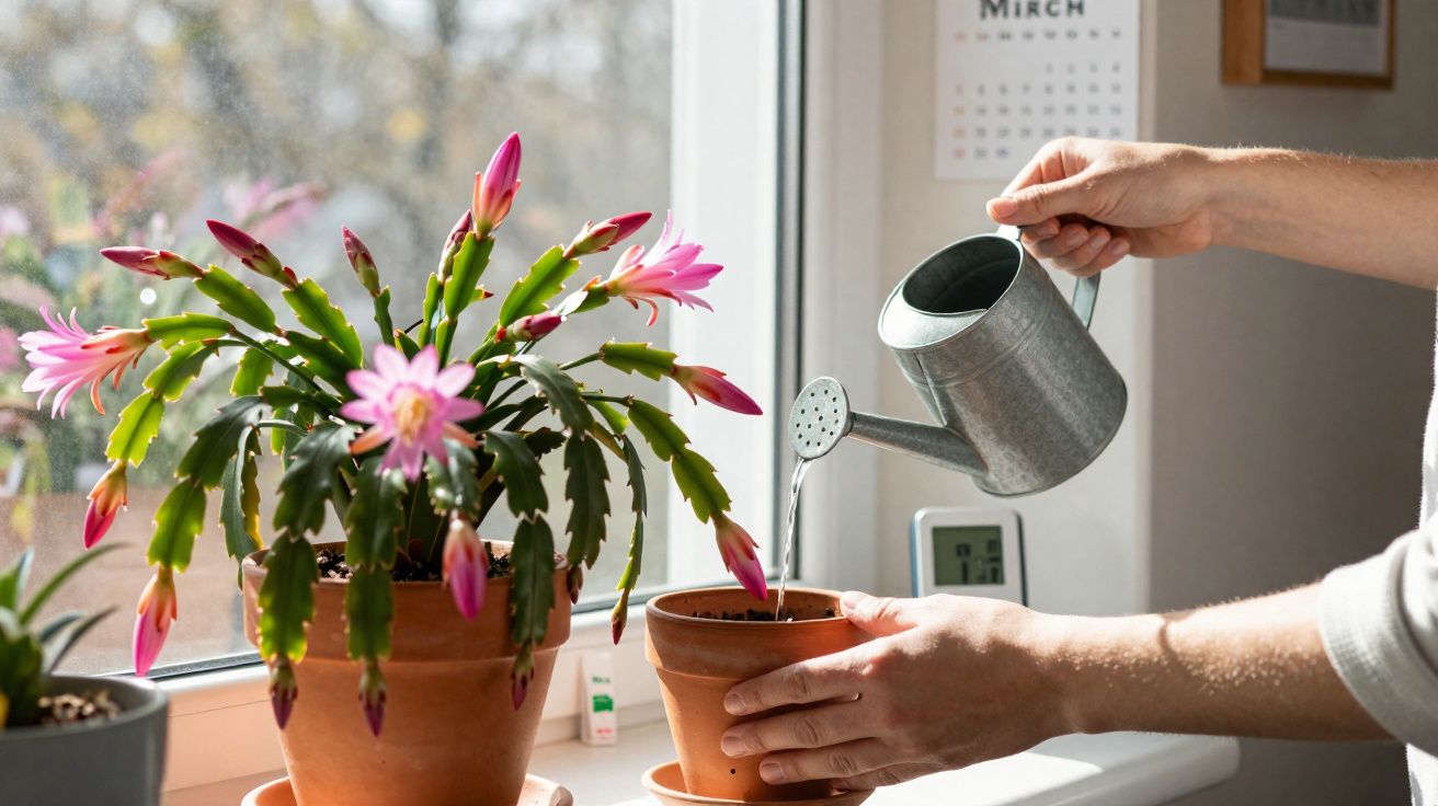 Pessoa regando planta com flores rosas em vaso de barro próximo a janela iluminada pela luz do dia.