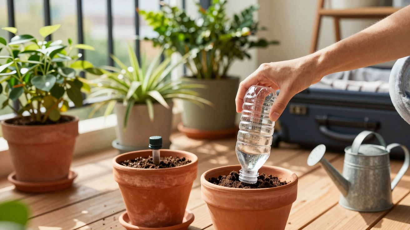 Mão regando vaso com garrafa de plástico, vários vasos com plantas ao fundo em varanda iluminada.