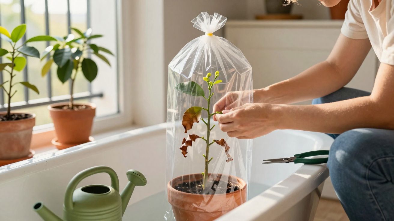 Pessoa cuidando de planta em vaso coberto por saco plástico dentro de banheira com regador ao lado.
