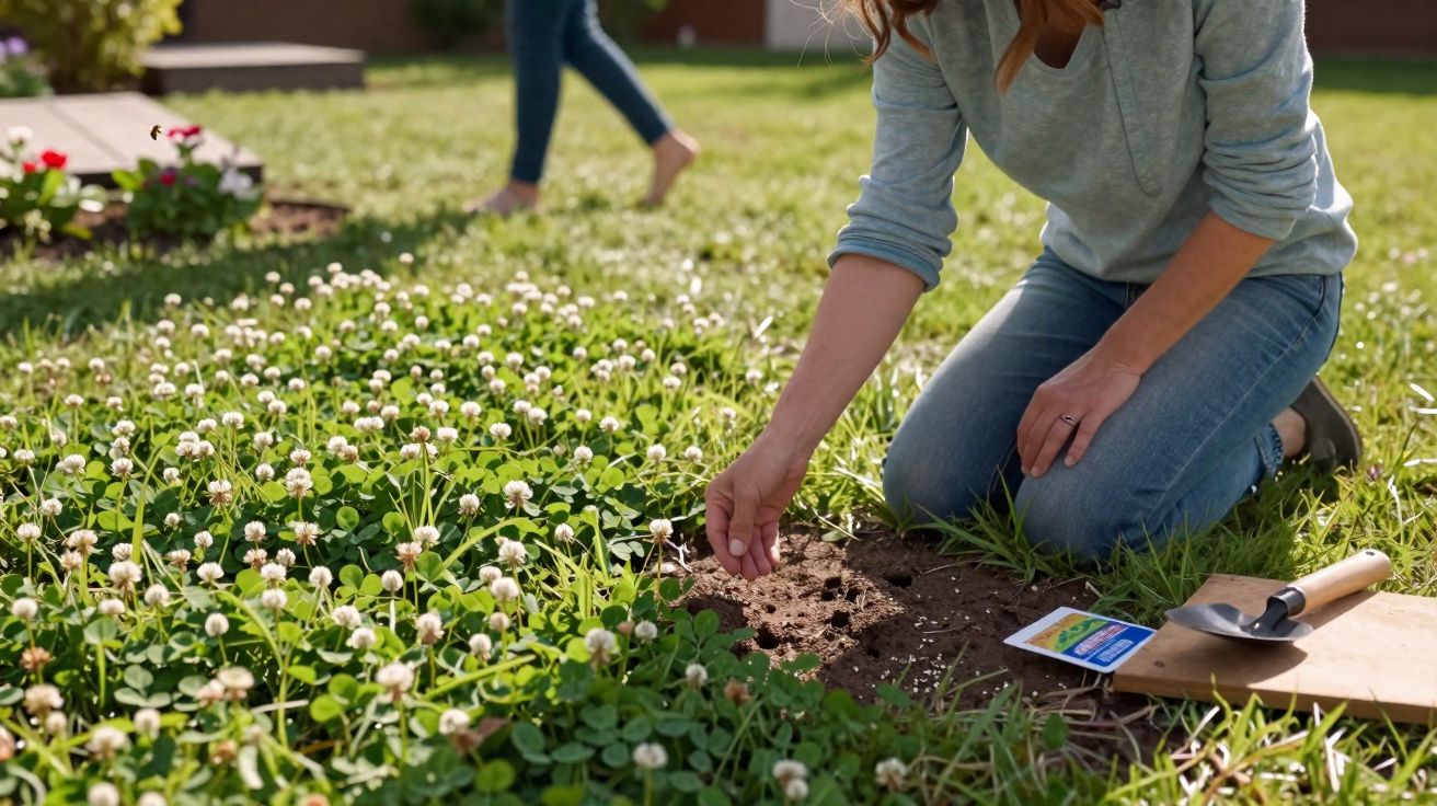 Pessoa plantando sementes em área gramada com flores brancas em jardim ensolarado.