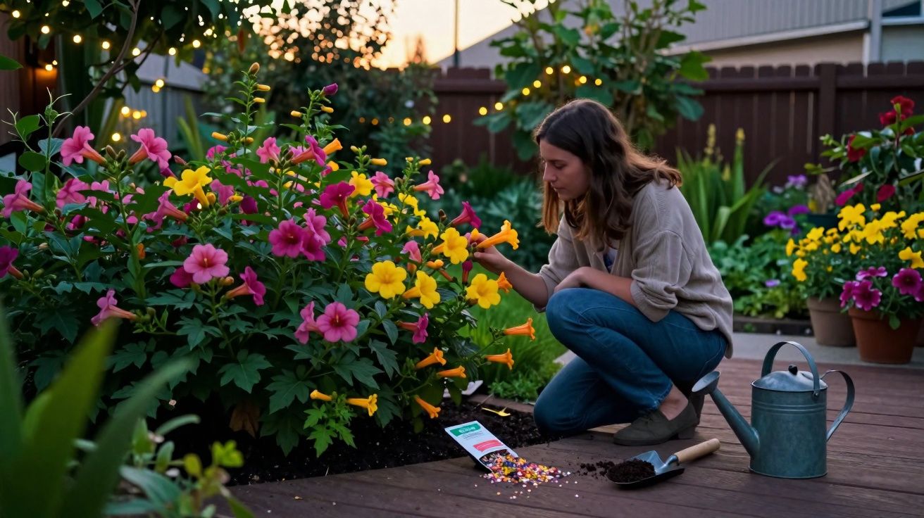 Mulher cuidando de flores amarelas e rosas em jardim iluminado por luzes ao entardecer.