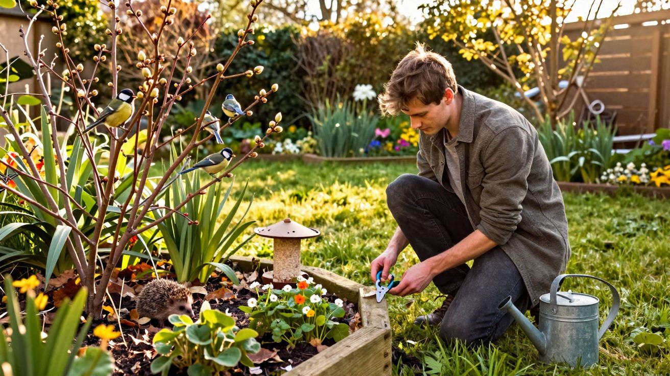 Jovem cuidando do jardim, podando plantas em canteiro elevado com regador ao lado, pássaros e um ouriço no local.